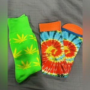 Colorful Tie-Dye and Marijuana Leaf Pattern Socks lot of 2